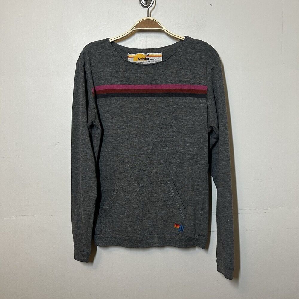 Aviator Nation Gray Long Sleeve Tee with Red Stripe